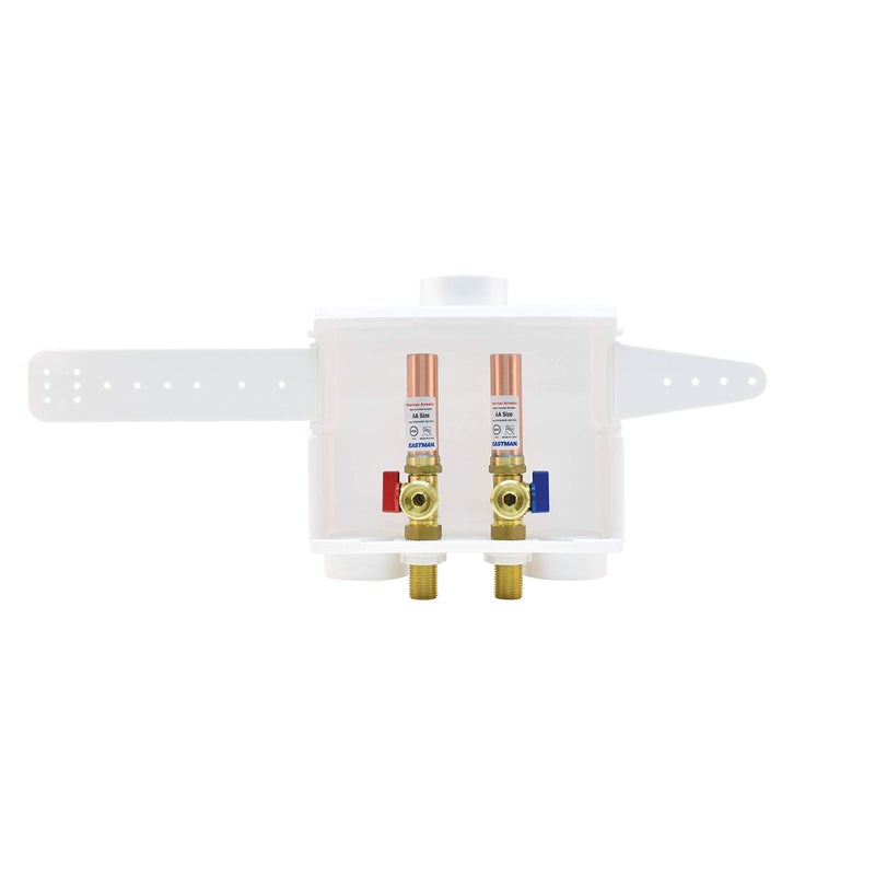 Eastman 1/2 Inch Sweat Connection Dual Drain Washing Machine Outlet Box with Hammer Arrestors and Quarter Turn Ball Valves, White, 60252 - Image 2